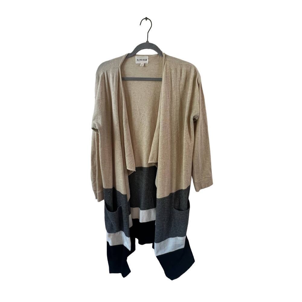 Olive and Oak Tan, Grey, Black and White Open Front Cardigan Medium
